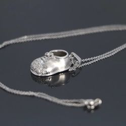 14K White Gold Round Diamond Baby Shoe Sneaker Pendant Chain Necklace 16"