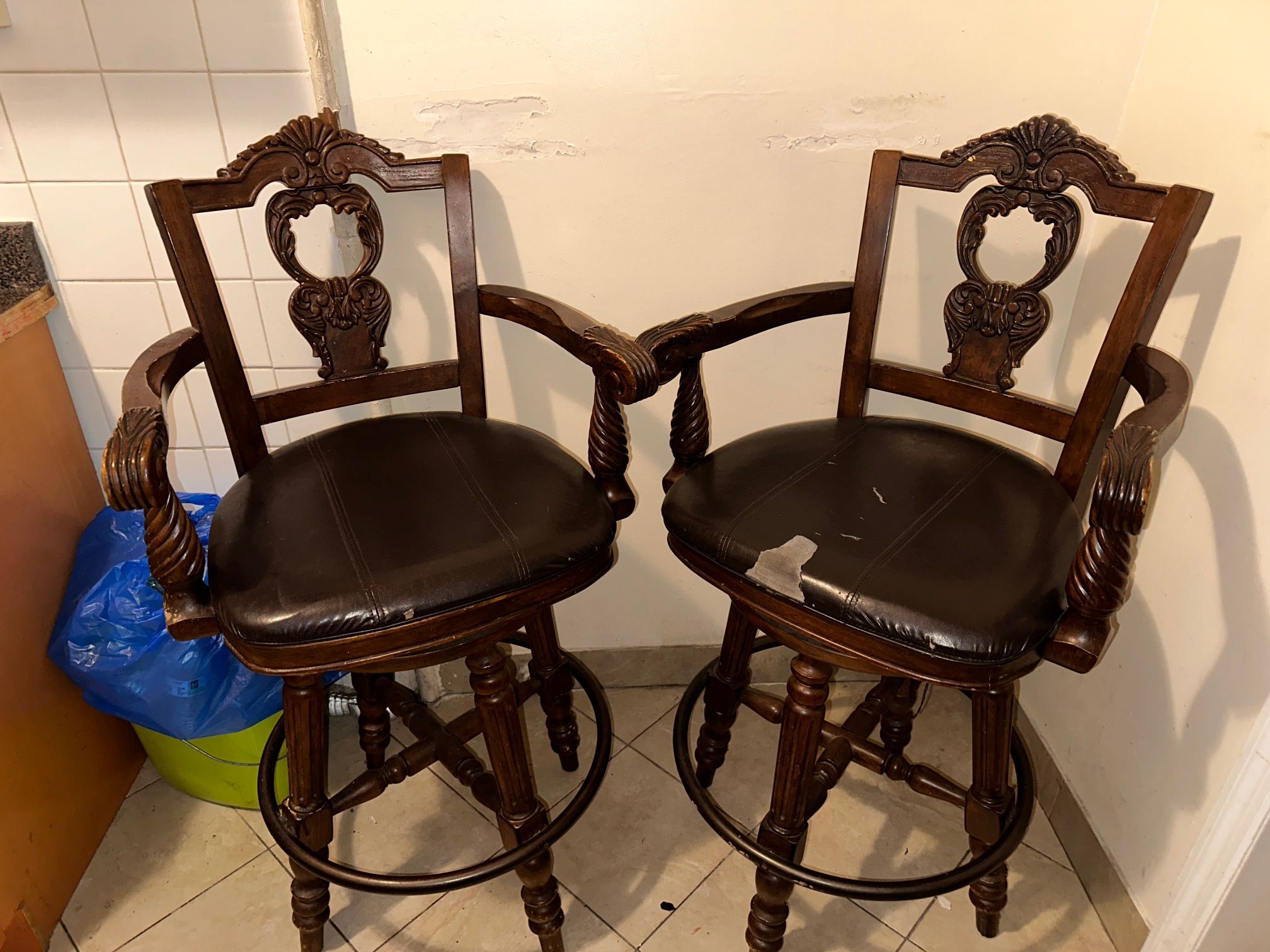 Solid Wood Swivel Bar Stools – Vintage Carved Design (Set of 2)