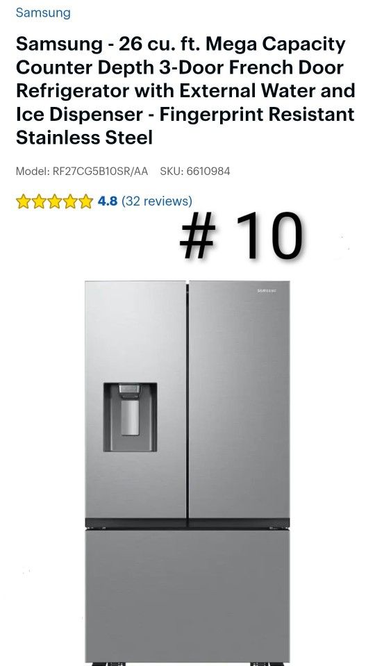 Refrigerator Samsung - 26 cu. ft. Mega Capacity Counter Depth 3-Door French Door Refrigerator with External Water and Ice Dispenser - Fingerprint Resi