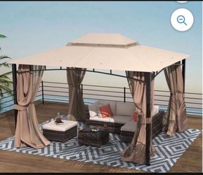 10x12 Patio Double Roof Vent Gazebo Canopy with Mosquito Netting in Sand