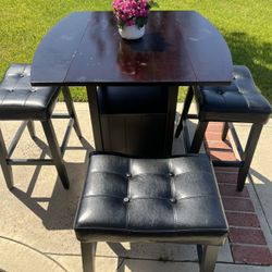 Dark Brown Dropleaf Table & Leather Stools 
