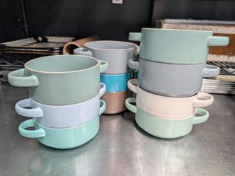 Ceramic Double-Handle Soup Bowls / Dessert Cups – Mixed Colors (Set of ~10)