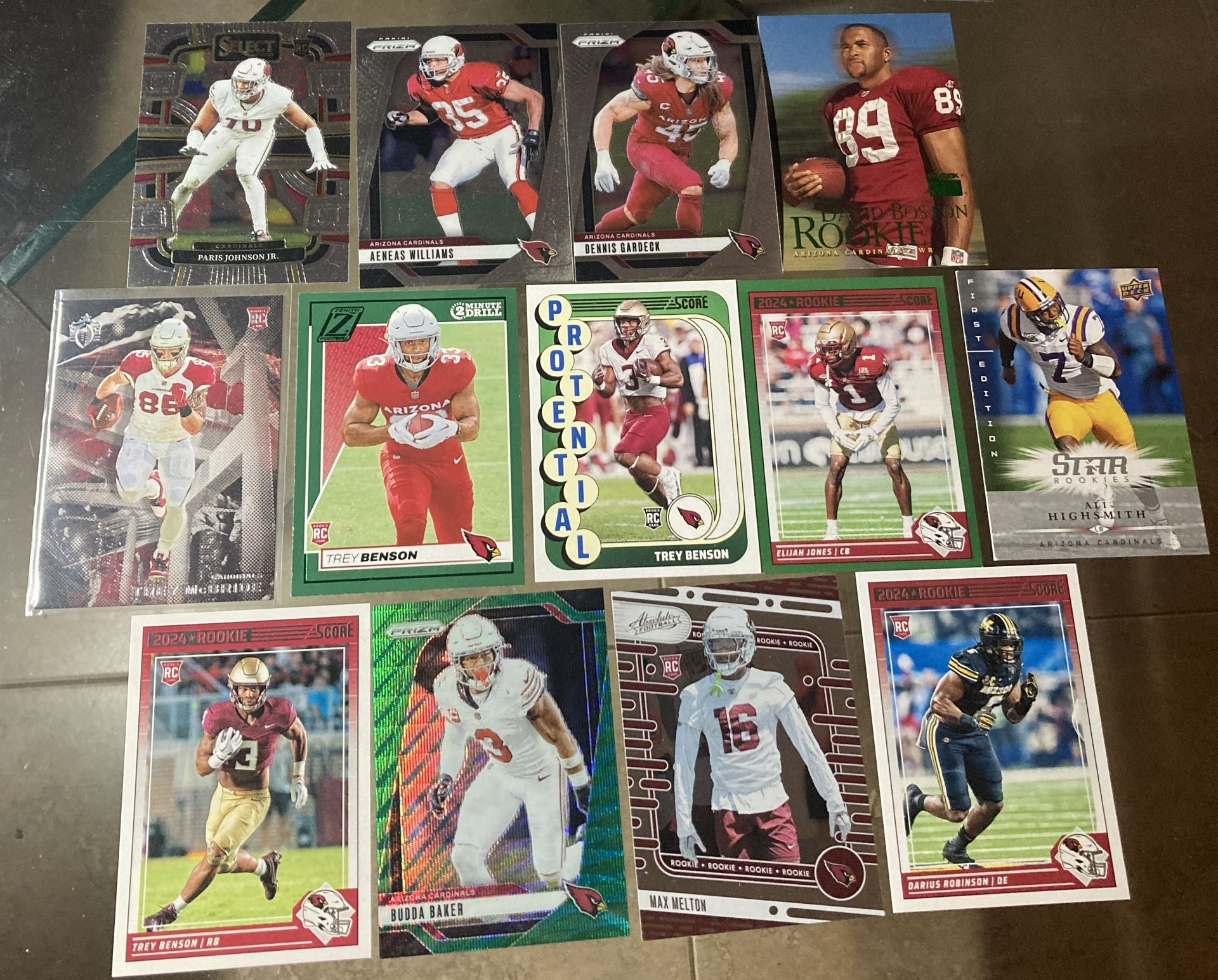 13 card Arizona Cardinals Lot Trey Benson Trey McBride 2024 Zenith Prizm Absolute Upper Deck Chronicles etc . 3x Benson rookies and short prints . All