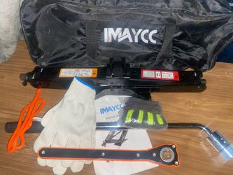 IMAYCC  2-ton IMAYCC car scissor jack kit featuring a black steel jack, storage bag, and included wrenches. Includes two pairs of gloves as well as a 