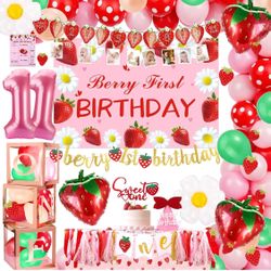 1st Birthday Decorations for girl - Party Supplies, Strawberry Theme Backdrop