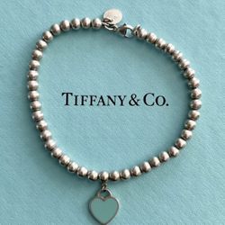 Authentic Tiffany Blue Heart Tag Bead Bracelet Silver 4mm