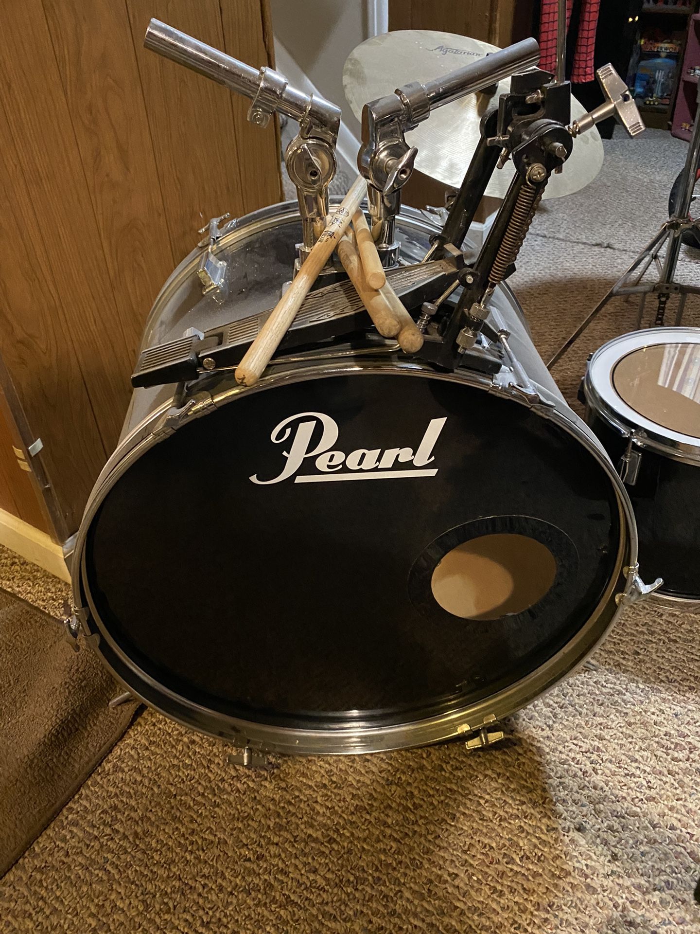 Drum Set Has Everything Except A Snare Stand 