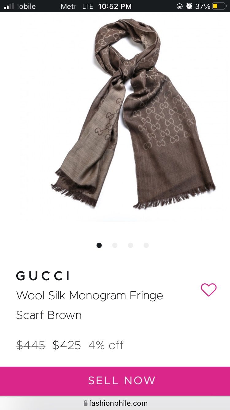 GUCCI Wool Silk Monogram Fringe Scarf Brown