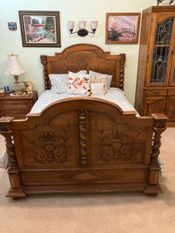 Antique Carved Wooden Bed Frame with New Mattress.