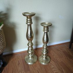 Statement Pair of Tall, Distressed Gold Baluster Pillar Candle Holders