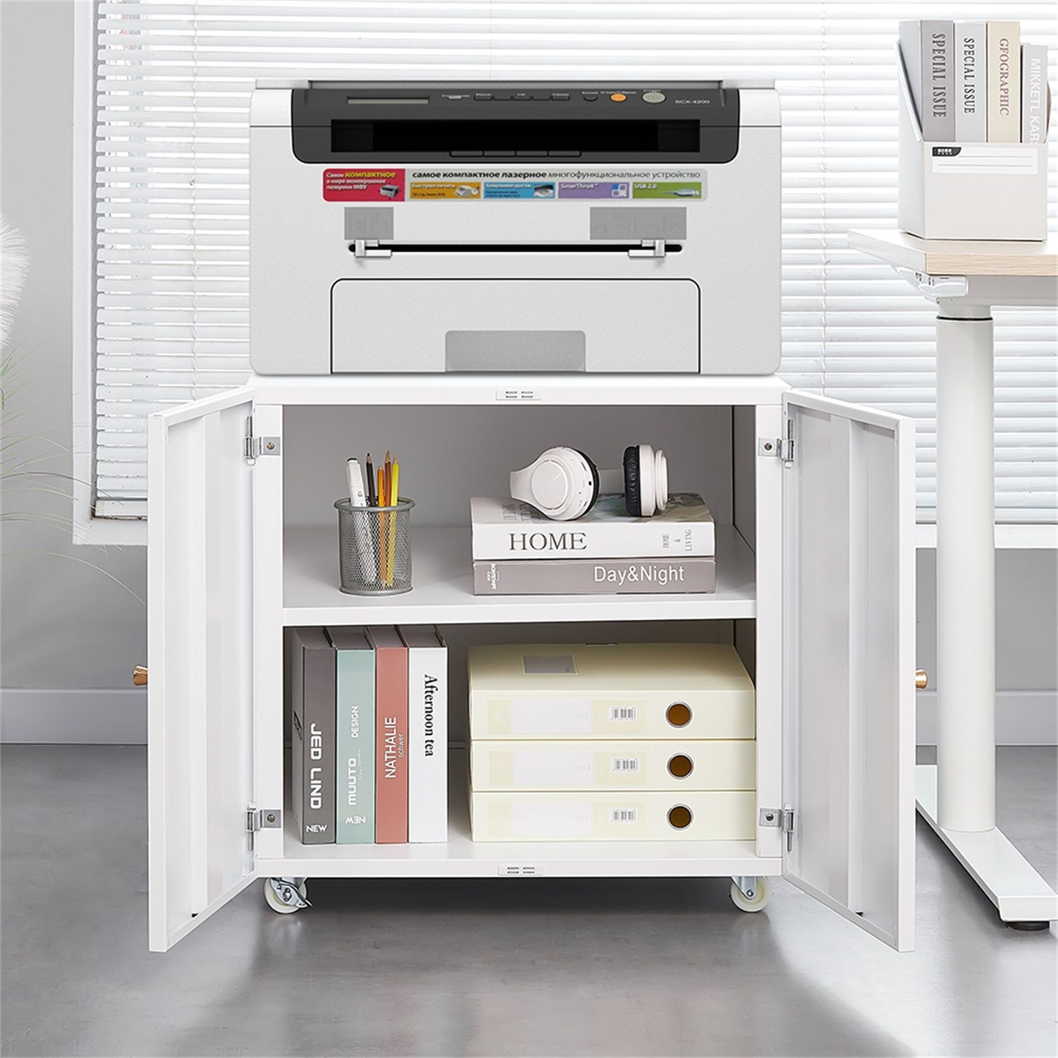 Metal Printer Stand with Storage Mobile Printer Tables for Small Spaces with Door Adjustable Shelf File Cabinet on Wheels for Home Office (White) 