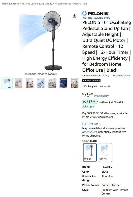 Stand Fan, 16”, Black