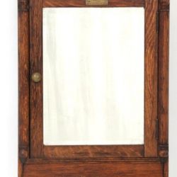 AUTHENTIC HUDSON RAILWAY TERMINAL ANTIQUE SOLID OAK MEDICINE CABINET UNION TOWEL SUPPLY Co.  W/ BEVEL MIRROR TOWEL BAR