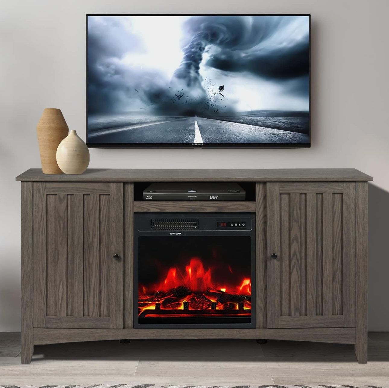 55 inch TV Stand with Fireplace Accent Television Stands Wooden Media Entertainment Center Table for Living Room Grooved Door TV Stands for TVs up