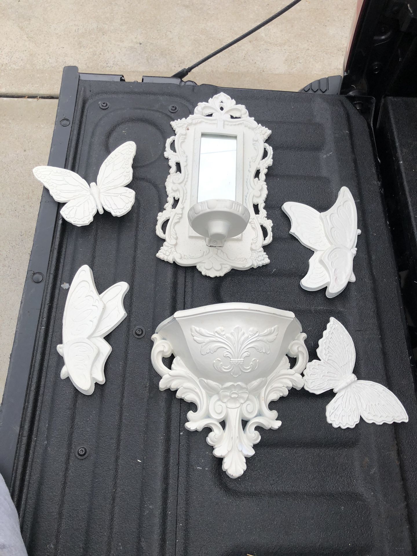 Vintage White Resin Wall Hanging Set, 4 Butterflies, Mirror, and Candle Holder/small shelf