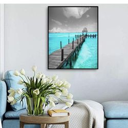 Teal Sea Canvas Wall Decor for Bathroom 12"x18" Tropical Seaside Scenery Grey Wood Boardwalk Beach Landscape Framed Canvas Printed Ocean 