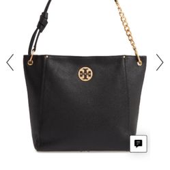 TORY BURCH Everly Leather Hobo Shoulder Bag Gold Logo, Black Pebbled Leather