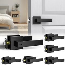 Matte Black Door Handle 6 Pack, Keyless Privacy Door Lever with Lock, Zinc Alloy Door Handles Interior for Bedroom or Bathroom, Heavy Duty Square Door