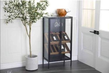 Deco 79 Metal 10 Bottle Standing Wine Rack with Wine Glass Holders and Wood Accents, 21" x 15" x 40", Black with glass doors/siding