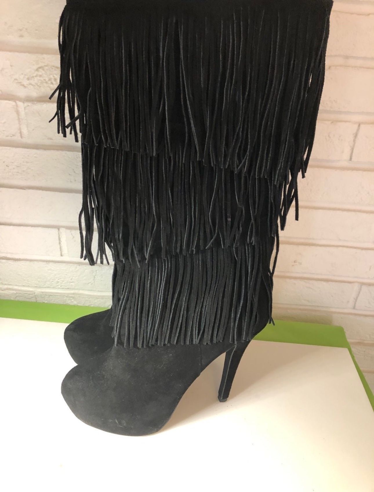 Black Fringe black Suede High Heel Boots size 10