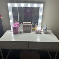 Large Vanity or Desk and Mirror with Dimmer, and Power Outlet.