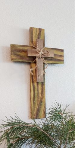 🌱Solid Wood Cross ::: 20"H X 12"W X 2-1/2"D ::: Distressed Havana Coffee/Oregano 