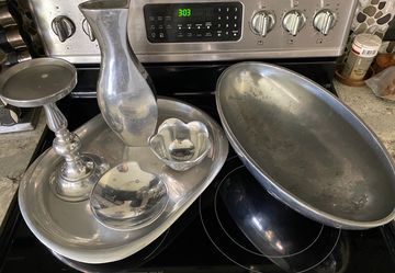 Vintage Pewter serving & decor item collection, 6 pc