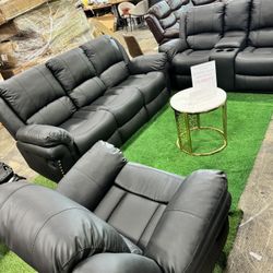 Black Recliner 3Pcs Sofa Set / Juego de sofás reclinables negros de 3 piezas