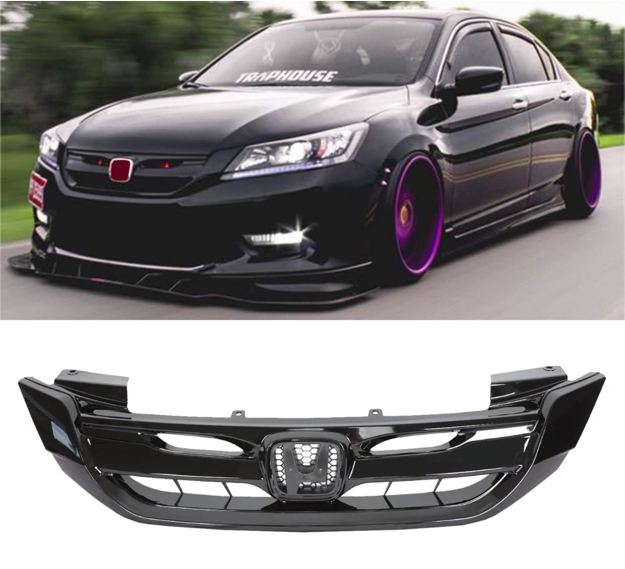 Front Bumper Hood Grille Fits for Honda Accord 4 Door 2013 2014 2015 / Gloss Black