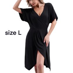 ANRILITA Black Wrap V Neck Dress Elastic Waist Cocktail Dresses (Size L)