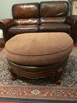 Round Ottoman – Two-Tone Fabric & Leather with Nailhead trim