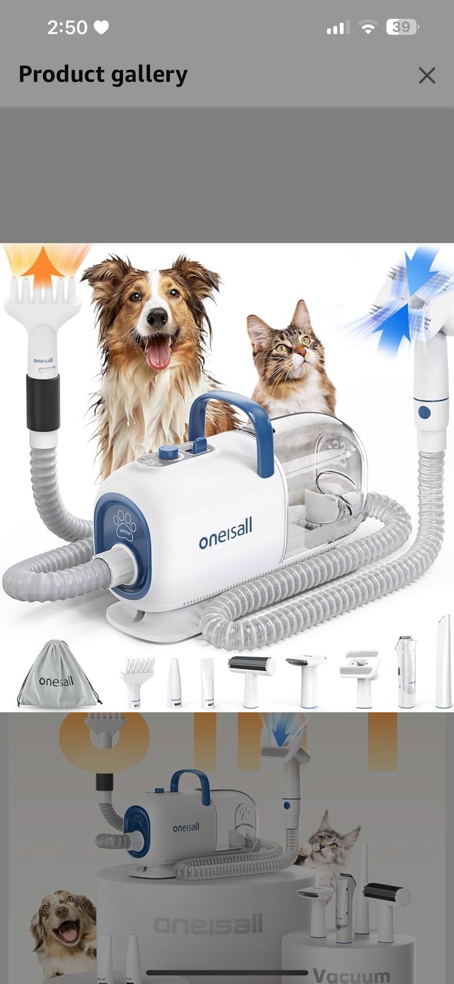oneisall Dog Vacuum & Dryer for Shedding Grooming, 8 in 1 Dog Grooming Kit with Metal Blade Pet Clippers, Adjustable Speed and Temperature Control Blo