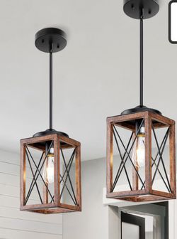 2 Pack Farmhouse Pendant Light, Metal Hanging Light Fixture with Wooden Grain Finish, 48 Inch Adjustable Pipes for Flat and Slop Ceiling, Ki