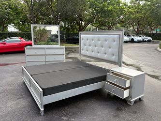 4-Piece Silver Bedroom Set king Size with Tufted Headboard by Vietnam Furniture