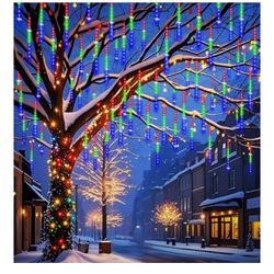 Brandnew Meteor Shower Outdoor Christmas Lights 32 Tube 768LEDs Snow Falling Rain Cascading Icicle Light for Christmas Halloween Tree Decorations Wedd