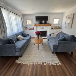 Sofa Couch & Love Seat Set Blue Fabric