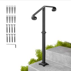 Handrails for Outdoor Steps, 1-2 Step Single Post Handrail, 38" H Rustproof Wrought Iron Stair Railing with Assembly Tool Kit for Concrete Steps, Wood