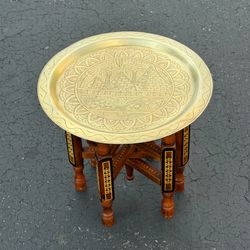 Vintage Pyramid Brass & Wood Moroccan Folding Stand Table Mother of Pearl Inlay