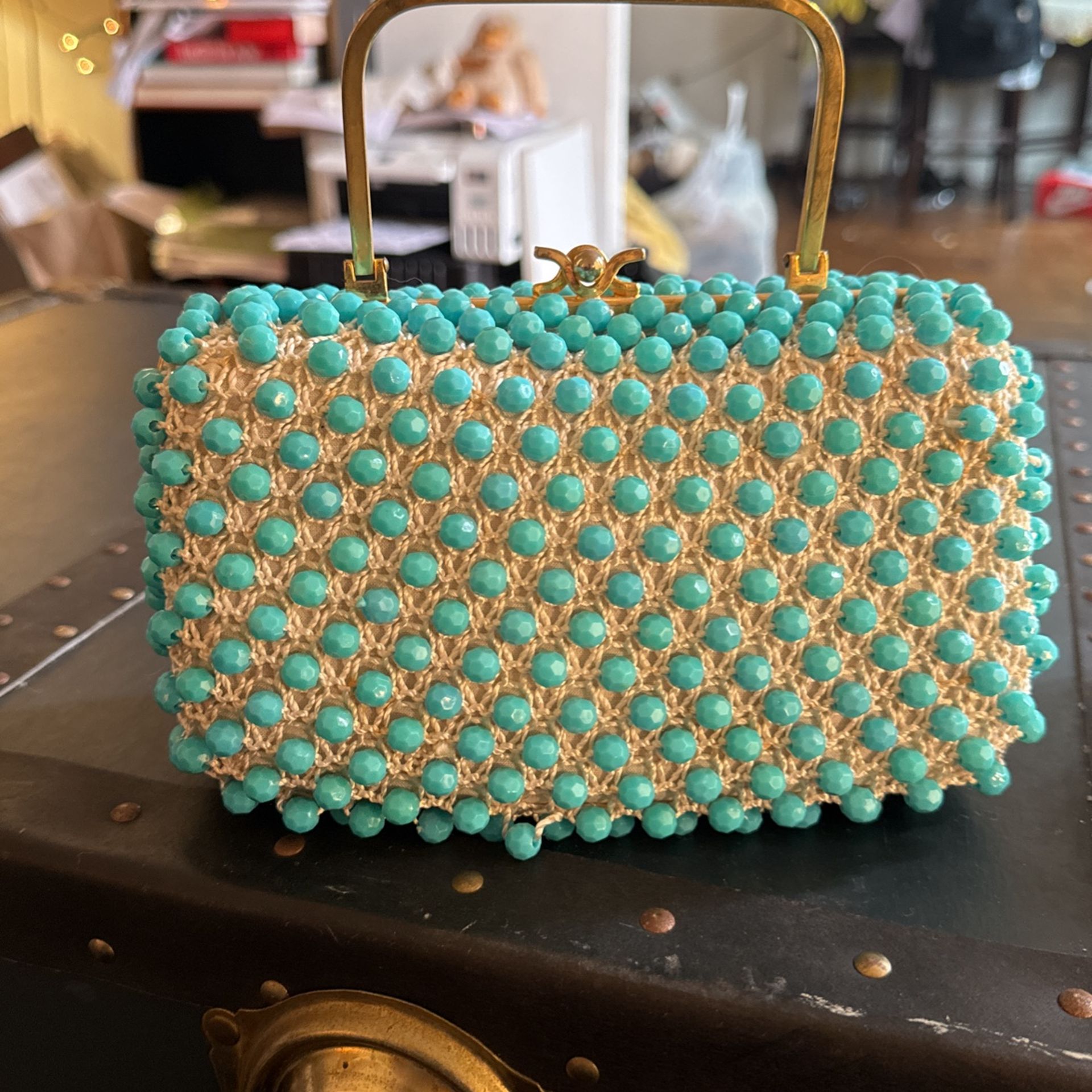 Turquoise Beaded Vintage Clutch Style Hard Cover