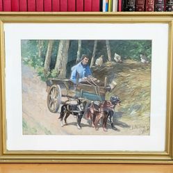 Vintage Rural Dog Cart Oil on Paper Painting Signed 30x26