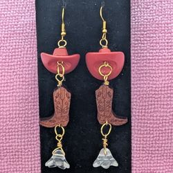 Country Cowgirl Dangle Earrings – Red Cowboy Hat, Western Boots & Tulip Charms (Handmade & Hypoallergenic)
