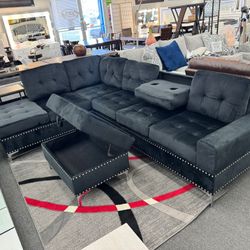 New Black Reversible Sectional w/ Drop Down and Storage Ottoman