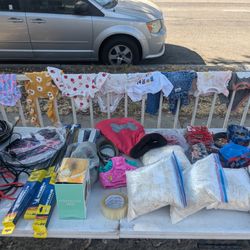 baby girl Clothes, car parts, pots, American flag, diapers, and more