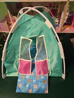 Doll camping tent with doll sleeping bag. Doll camping tent with doll sleeping bag.