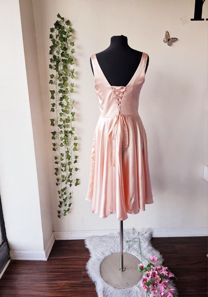 Blush satin sleeveless Tea length Dress/ SIZE LARGE / PARTY Dress/ PROM / WEDDING/ GRADUATION