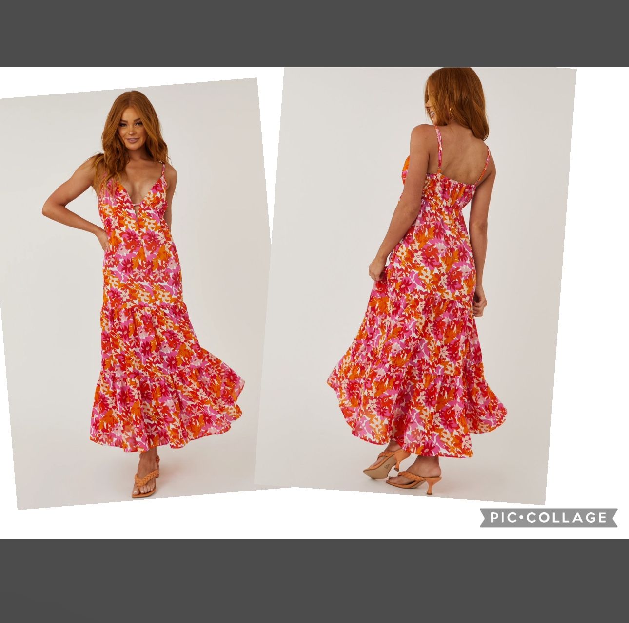She+Sky Floral Deep V Maxi Dress S Straps Summer Sundress Tangerine & Fuchsia