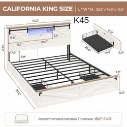 K45-Farmhouse Bed Frame California King Size with Storage Bookcase Headboard, Wooden Cal King Bed with LED Lights, Charging Station, 2 Drawers, Countr