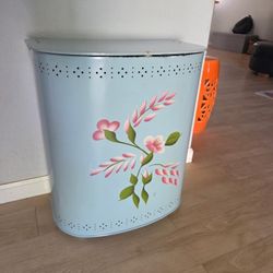 Vintage Metal Clothes Hamper Floral Blue