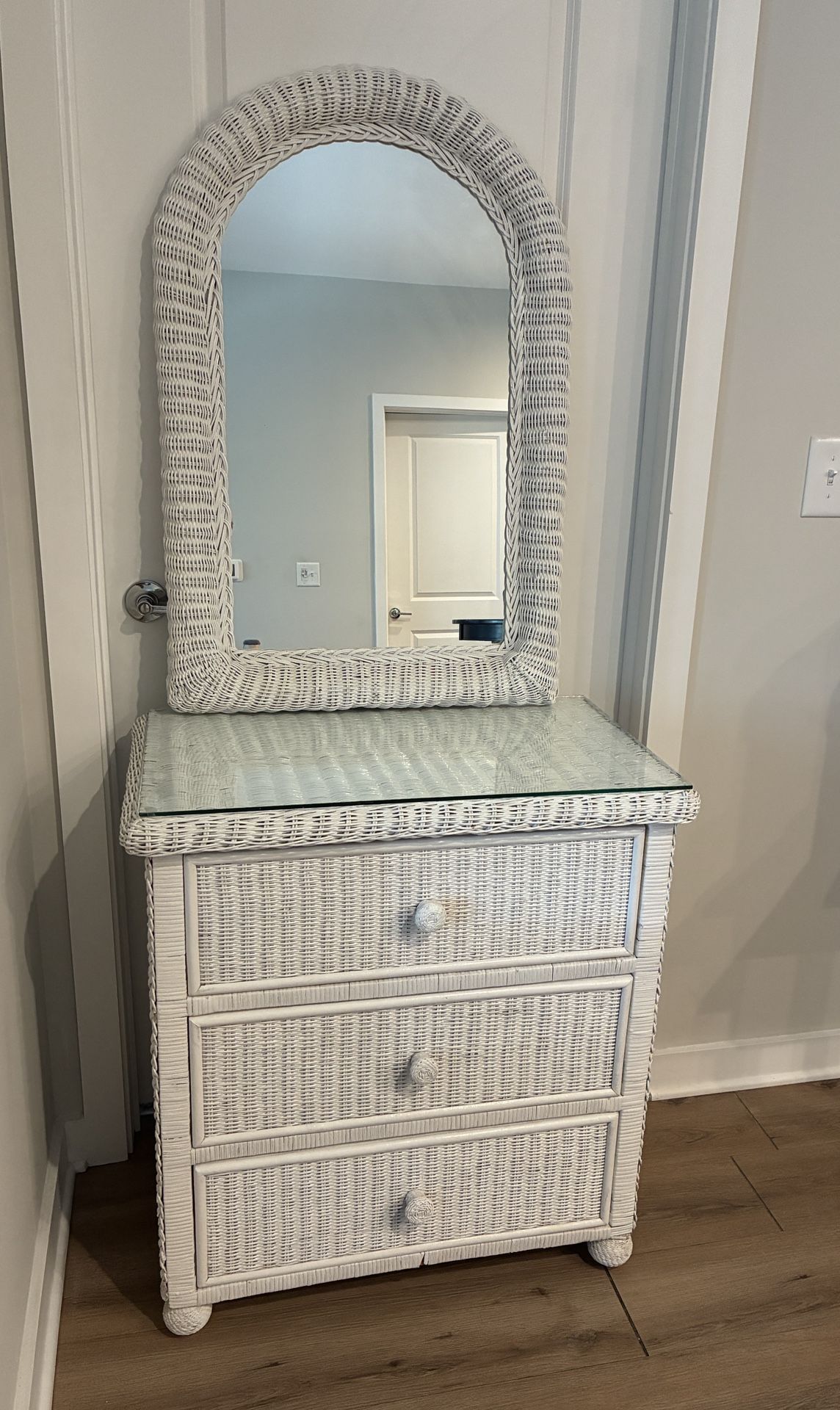 White Wicker Dresser with Mirror & Glass Top – Coastal Cottage Style