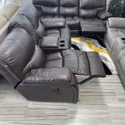 Summer sale event. Madrid brown leather reclining sofa and loveseat set now $1099. Easy finance option. Same-day delivery.